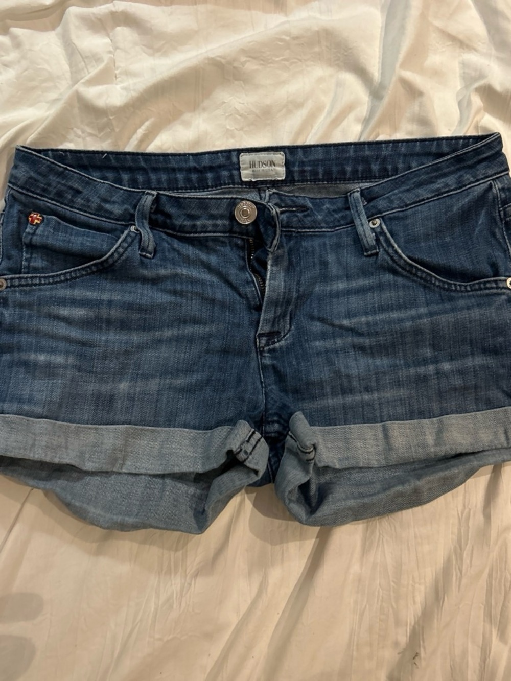 Hudson Jeans Dark Blue Rolled Cuff Denim Shorts with Union Jack Detail